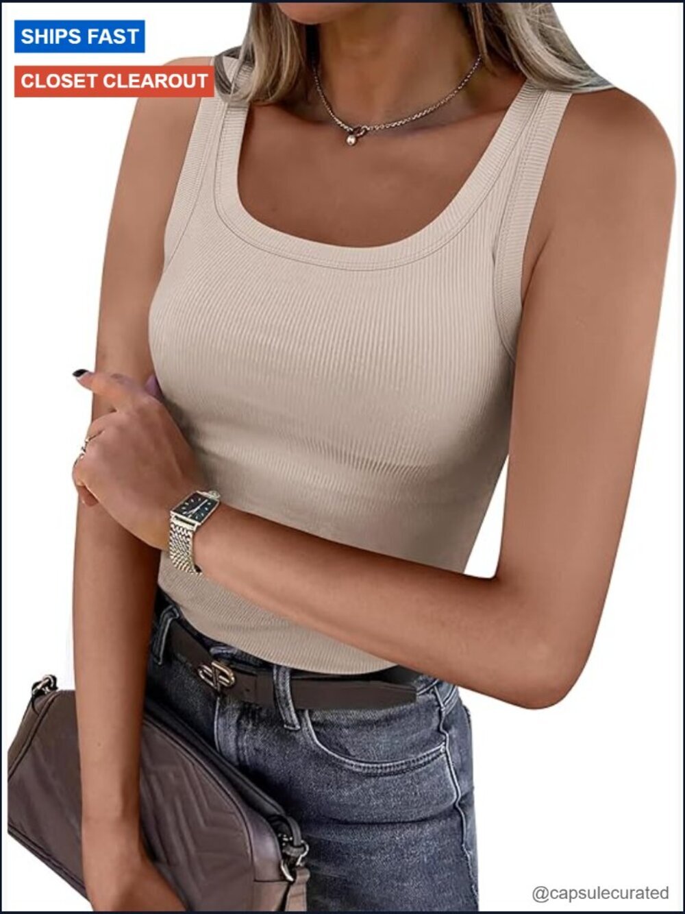 Scoop Neck Ribbed Tank Top Sleeveless Summer Basic Slim Fit Tops